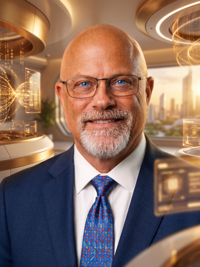 Portrait of the Sonaris founder in a navy suit and blue tie, in front of a gold-lit interface